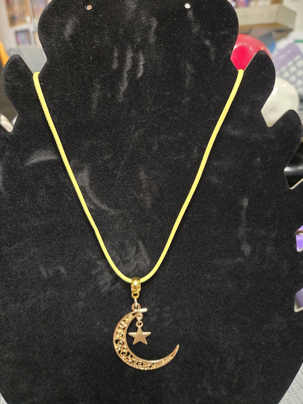 Gold Crescent Moon & Star Pendant Necklace - Yellow Cord